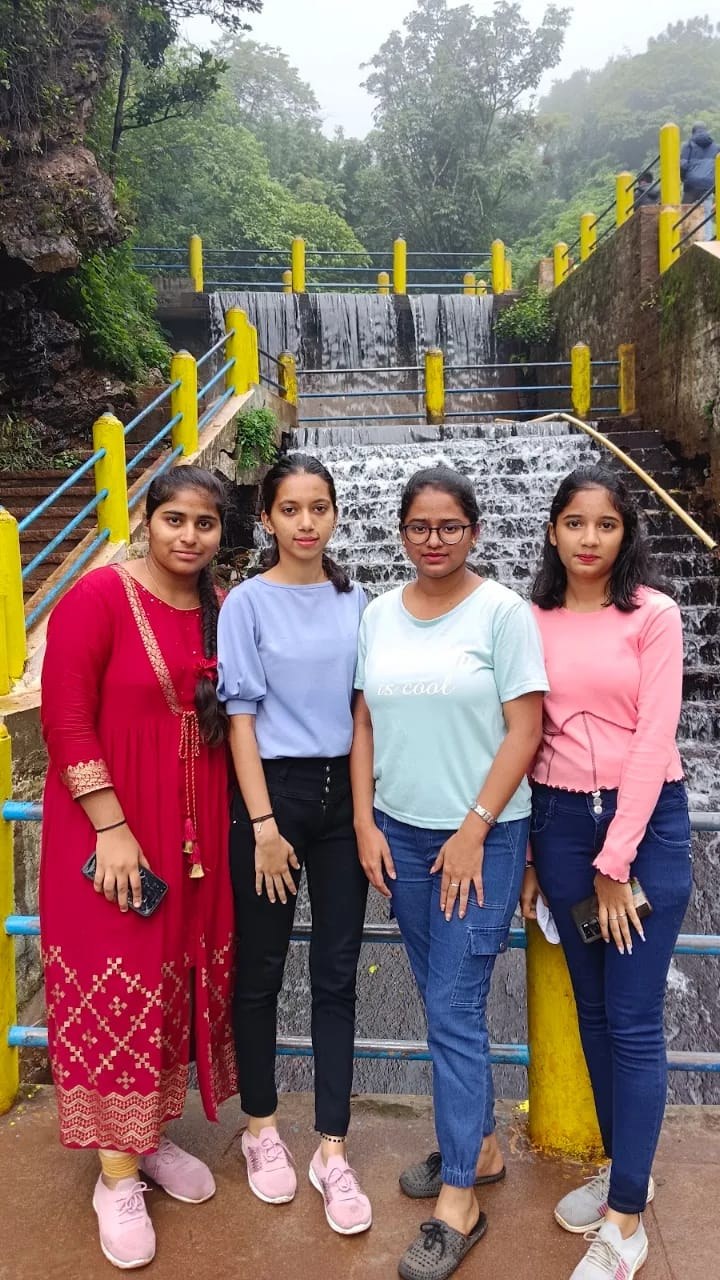 Friends posing at a waterfall during a Chikmagalur jeep trip